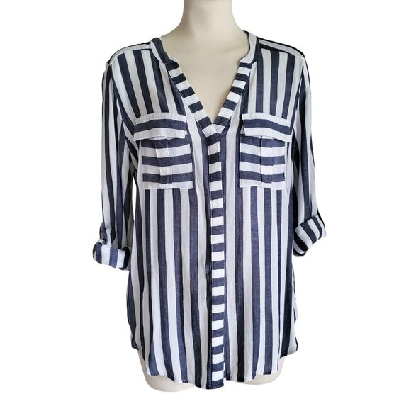 a.n.a  Gray & White Lightweight Long /Roll Tab Sleeve Striped Long line Shirt S - Picture 3 of 16